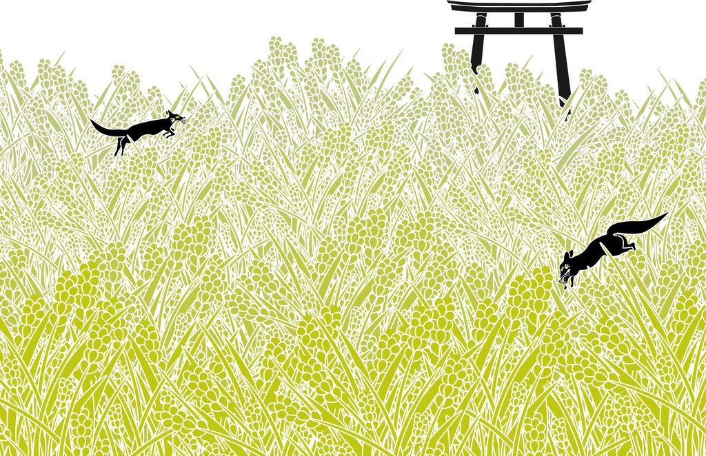 ★再々々販★ 黒狛狐と穂波 白ポストカード5枚セット 秋 稲荷神社 鳥居 日本 和 動物 御朱印