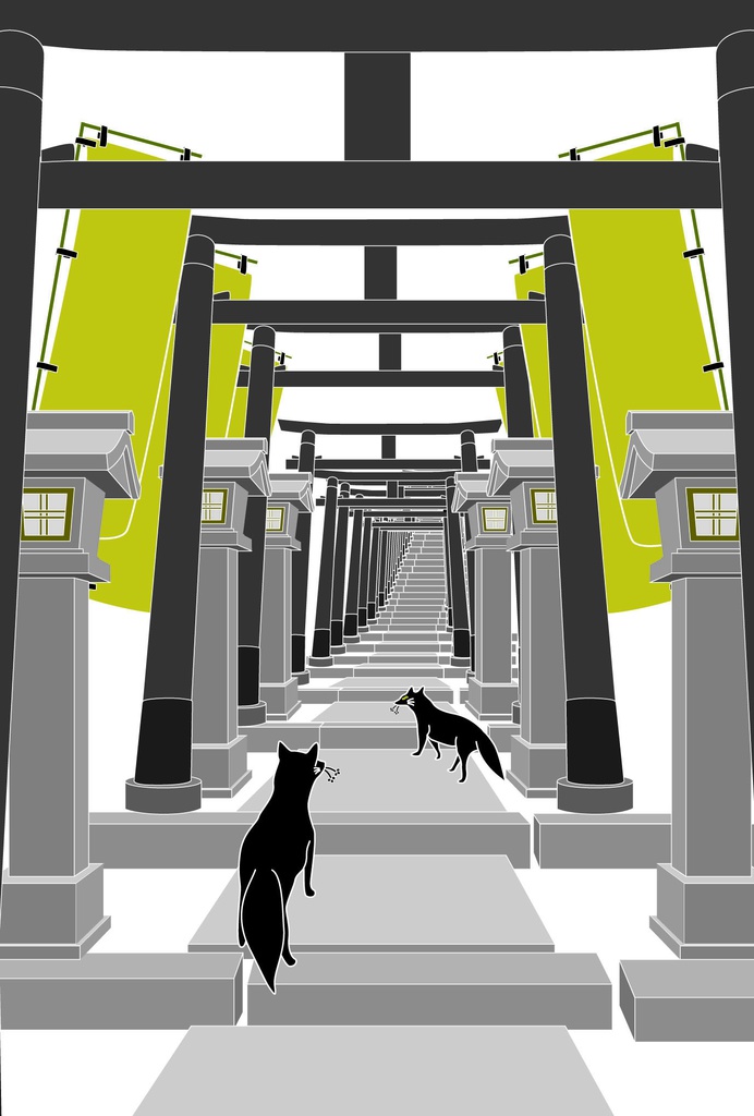 ★再々々販★ 黒狛狐と穂波 白ポストカード5枚セット 秋 稲荷神社 鳥居 日本 和 動物 御朱印