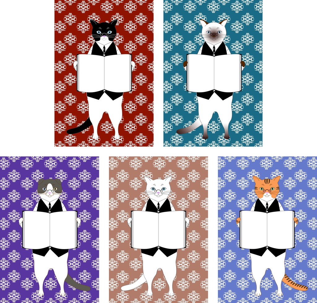 司書猫 ポストカードA 5枚セット 本 秋 黒猫 白猫 三毛猫 スコティッシュフォールド ロシアンブルー ねこ ネコ 眼鏡