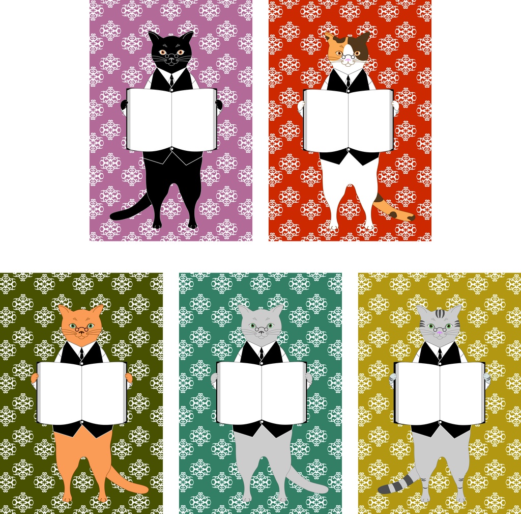 司書猫 ポストカードB 5枚セット 本 秋 黒猫 白猫 三毛猫 スコティッシュ ロシアンブルー ねこ ネコ 眼鏡