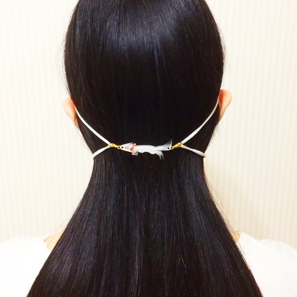 ★販売23回目★ 狐の手毬唄 狛狐と鈴付き水引マスク留め アクセサリー プラ板 狐の嫁入り 神社