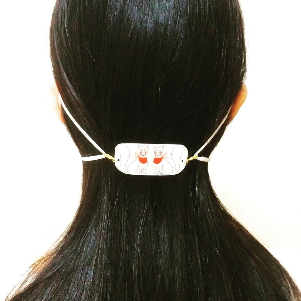 御札狐 狛狐と鈴付き水引マスク留め マスクチャーム アクセサリー プラ板 狐の嫁入り マスクホルダー マスクストラップ