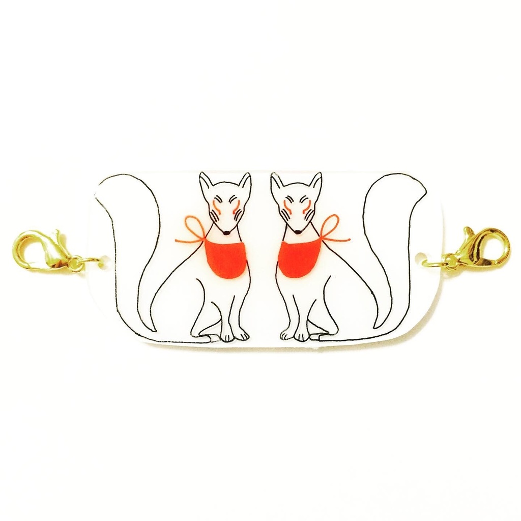 御札狐 狛狐と鈴付き水引マスク留め マスクチャーム アクセサリー プラ板 狐の嫁入り マスクホルダー マスクストラップ