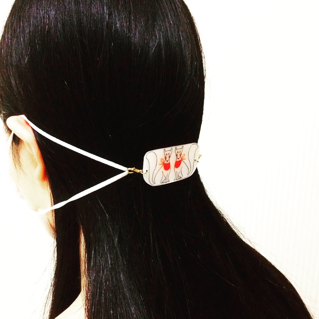 御札狐 狛狐と鈴付き水引マスク留め マスクチャーム アクセサリー プラ板 狐の嫁入り マスクホルダー マスクストラップ