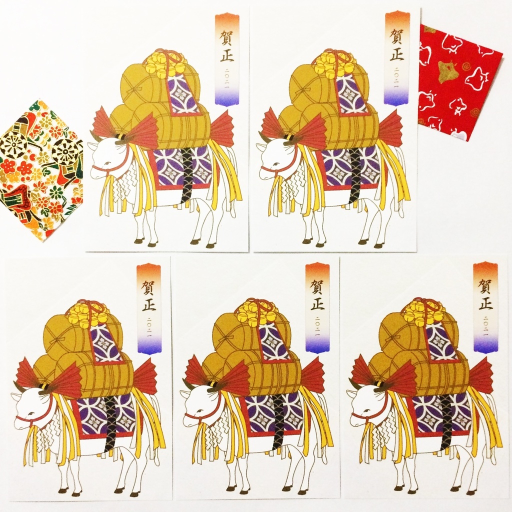 2021 浮世絵牛 年賀状5枚セット お正月 新年 鈴 米俵 お祭り リボン 日本 和 動物 冬 ポストカード