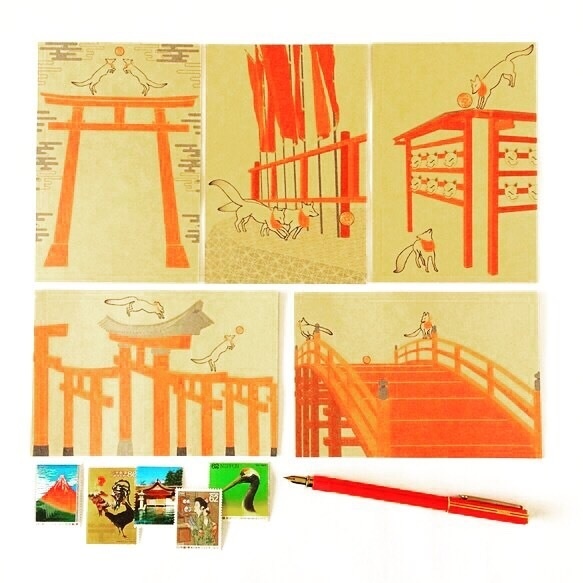 2021年 新春限定 狐ポストカード 福袋 15枚セット 狛狐 九尾 稲荷神社 鳥居 動物 御朱印 お正月 年賀状