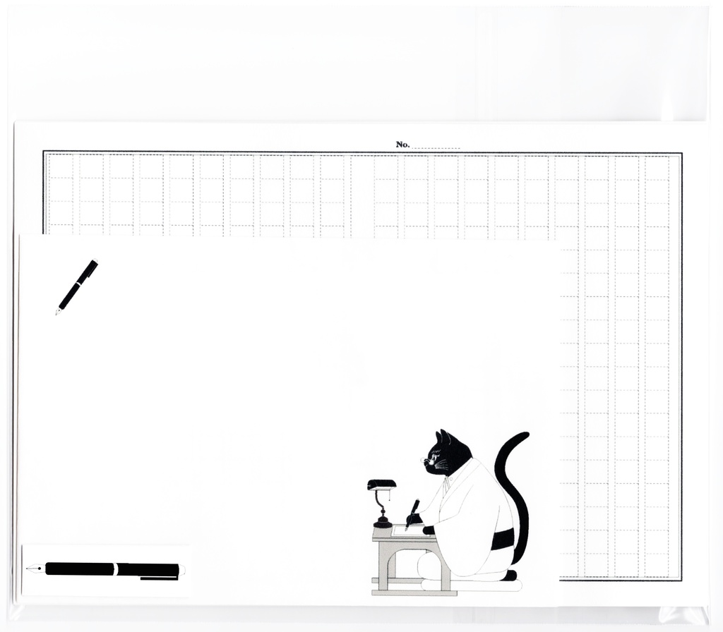 ★再販★ 文豪猫原稿用紙 レターセット 黒猫 日本 和 動物 シール 封筒 便せん 小説 文学 万年筆