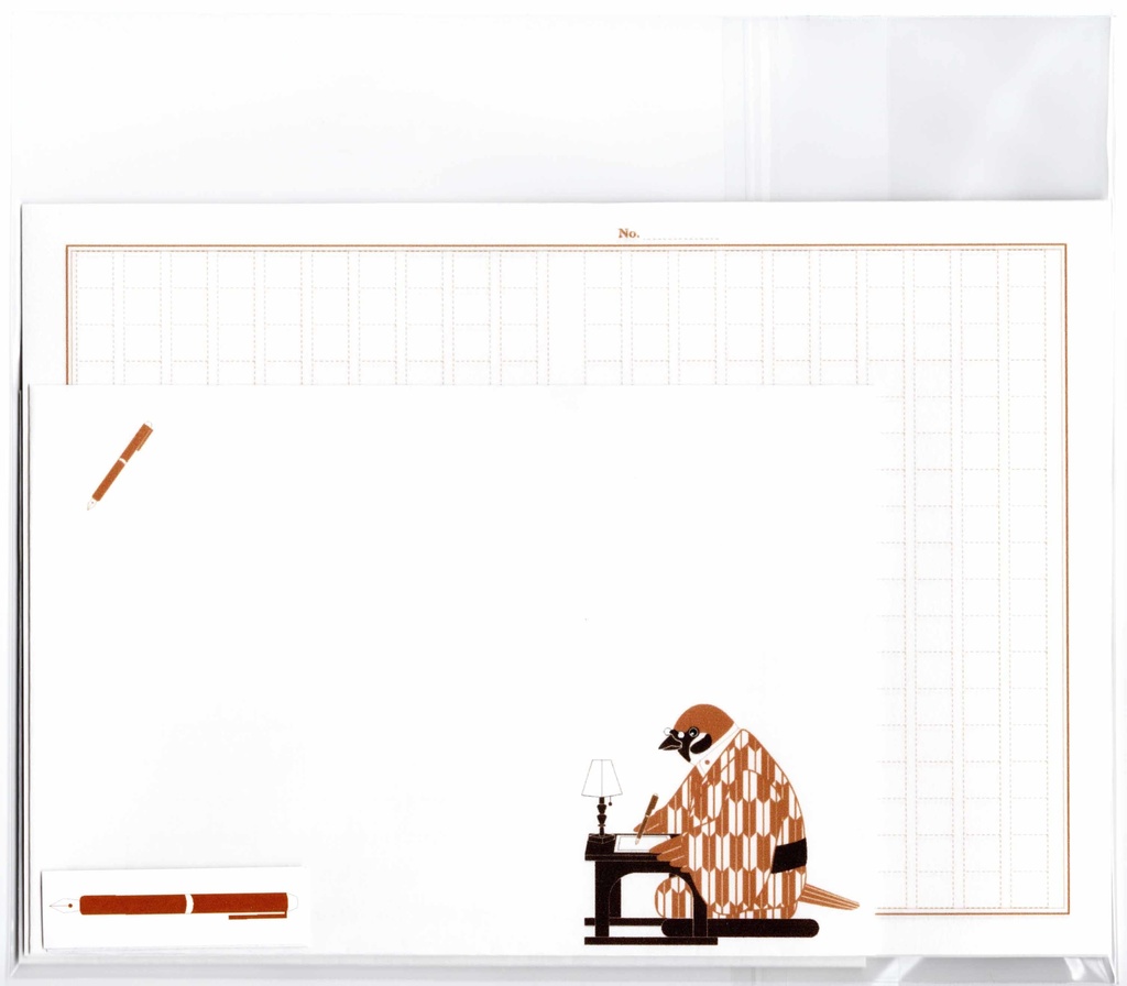 文豪雀原稿用紙 レターセット スズメ すずめ 鳥 日本 和 動物 シール 封筒 便せん 小説 文学 万年筆