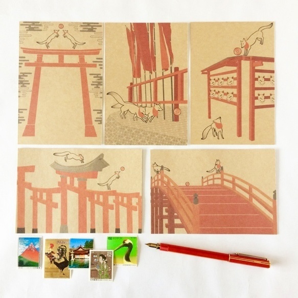 2022年 新春限定 狐ポストカード 福袋 15枚セット 狛狐 九尾 稲荷神社 鳥居 御朱印 お正月 年賀状 寅 和紙