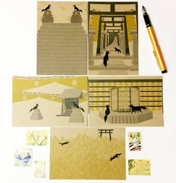 2022年 新春限定 狐ポストカード 福袋 15枚セット 狛狐 九尾 稲荷神社 鳥居 御朱印 お正月 年賀状 寅 和紙