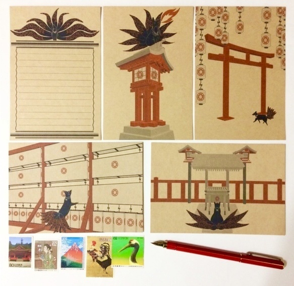 2022年 新春限定 狐ポストカード 福袋 15枚セット 狛狐 九尾 稲荷神社 鳥居 御朱印 お正月 年賀状 寅 和紙