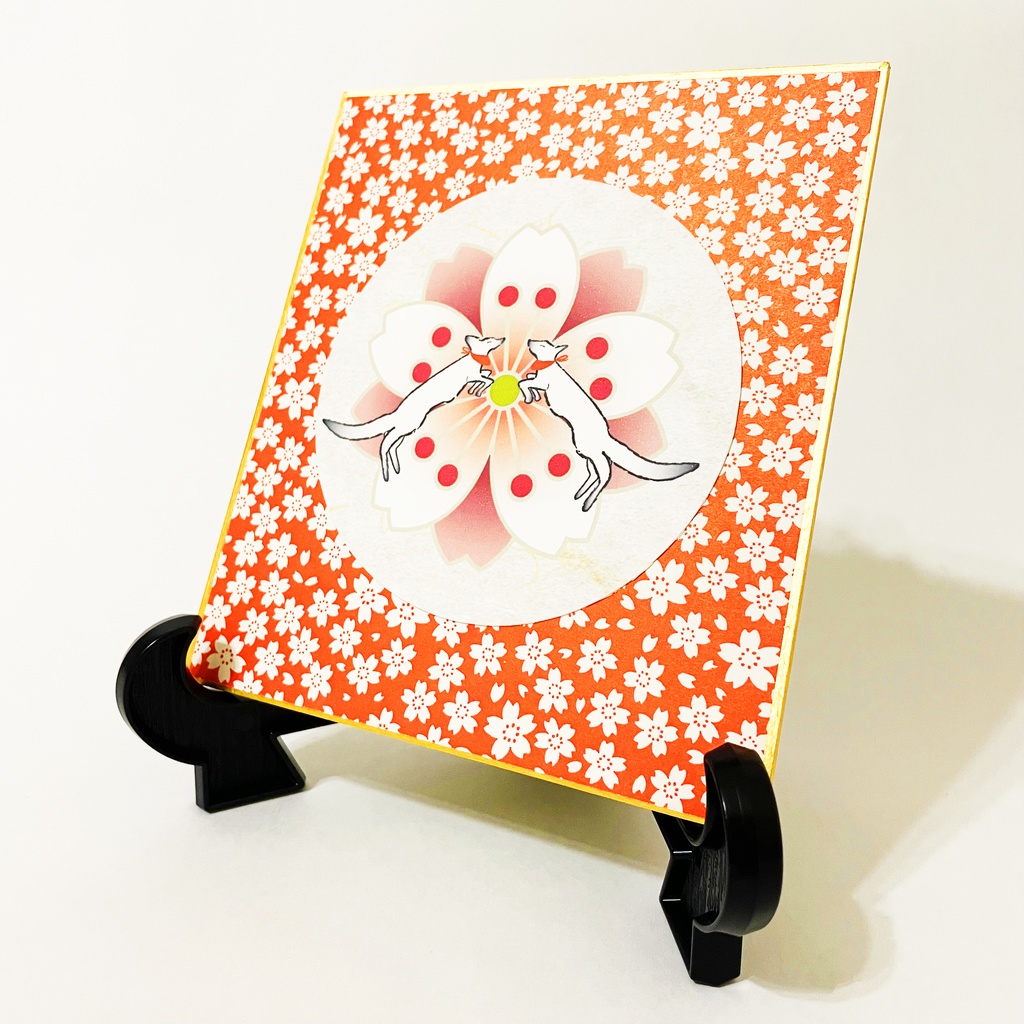 薄紅桜と狐の手毬唄 円型春飾り 色紙 桜 和柄 春 イラスト 狐の嫁入り 狐面 千代紙