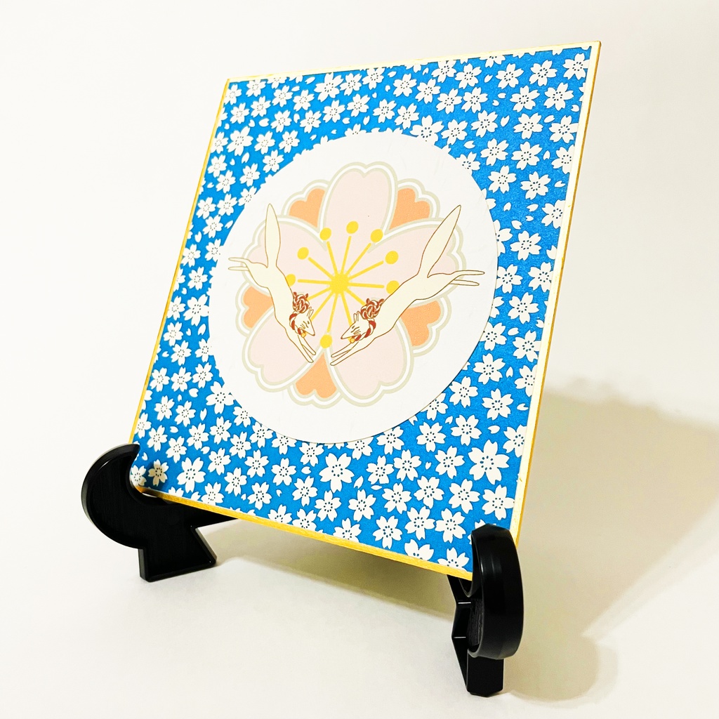 退紅桜と日の出狛狐 円型春飾り 色紙 桜 和柄 春 イラスト 狐の嫁入り 狐面 千代紙