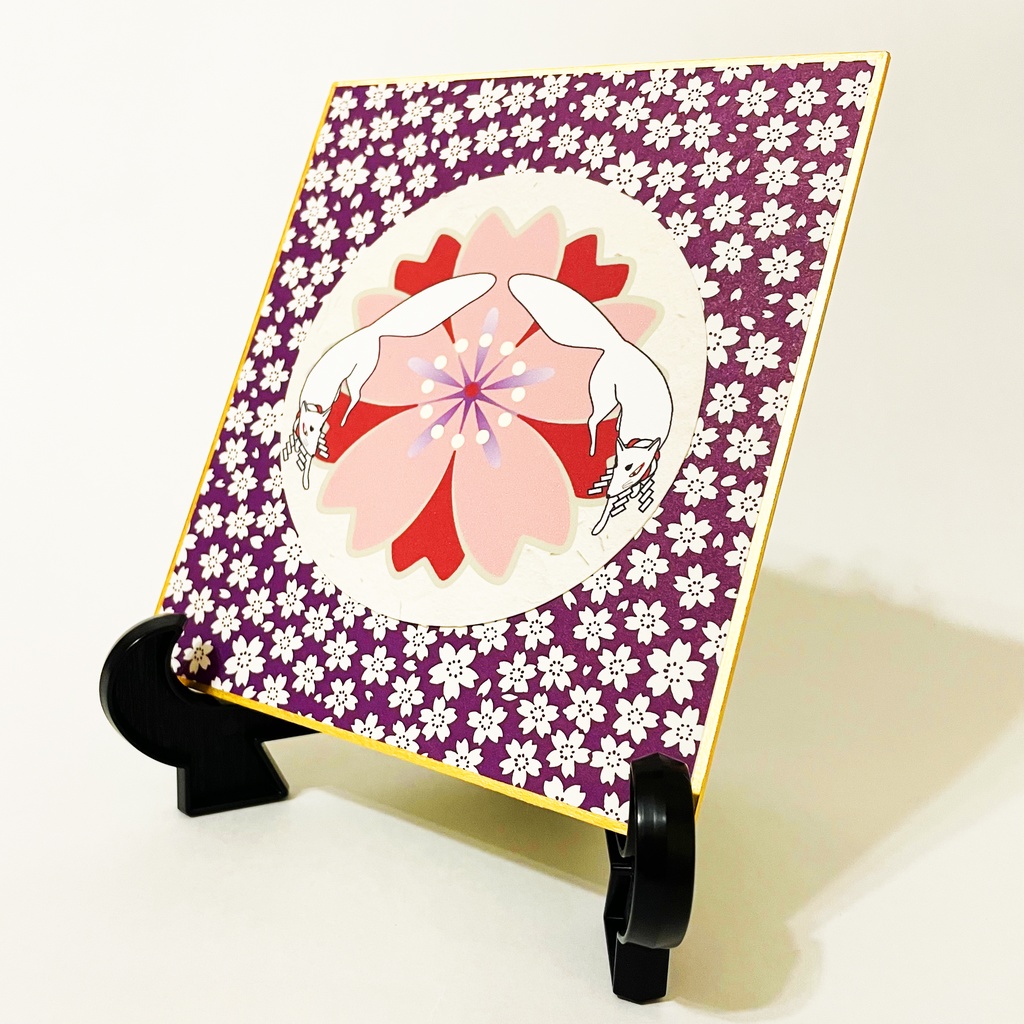 赤紅桜と屏風狐 円型春飾り 色紙 桜 和柄 春 イラスト 狐の嫁入り 狐面 千代紙
