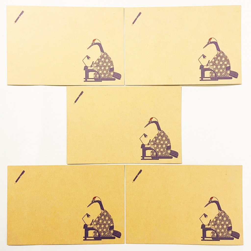 文豪鶴原稿用紙 ポストカード5枚セット 鳥 動物 文豪 小説家 万年筆 着物