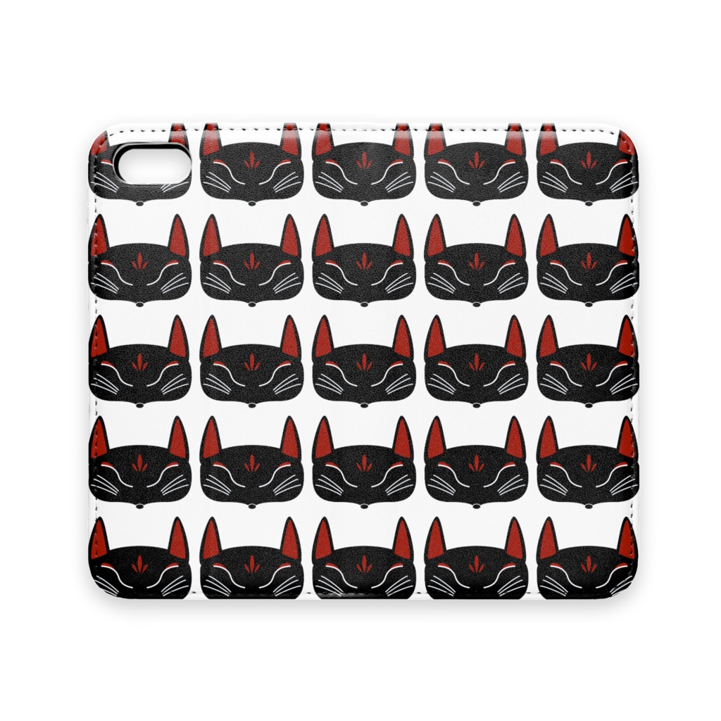 黒狐面 総柄 手帳型iPhoneケース(ベルトなし)
