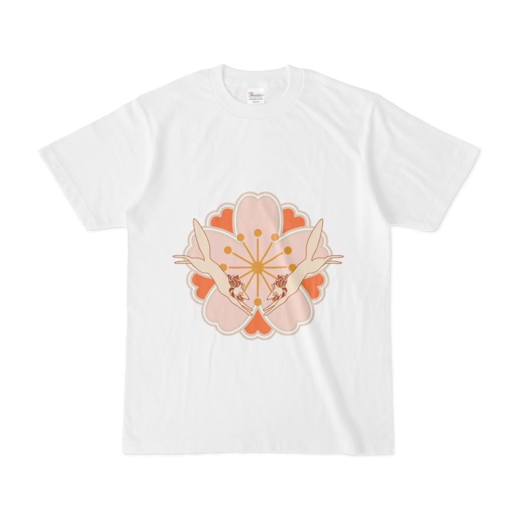 退紅桜と日の出狛狐 Tシャツ