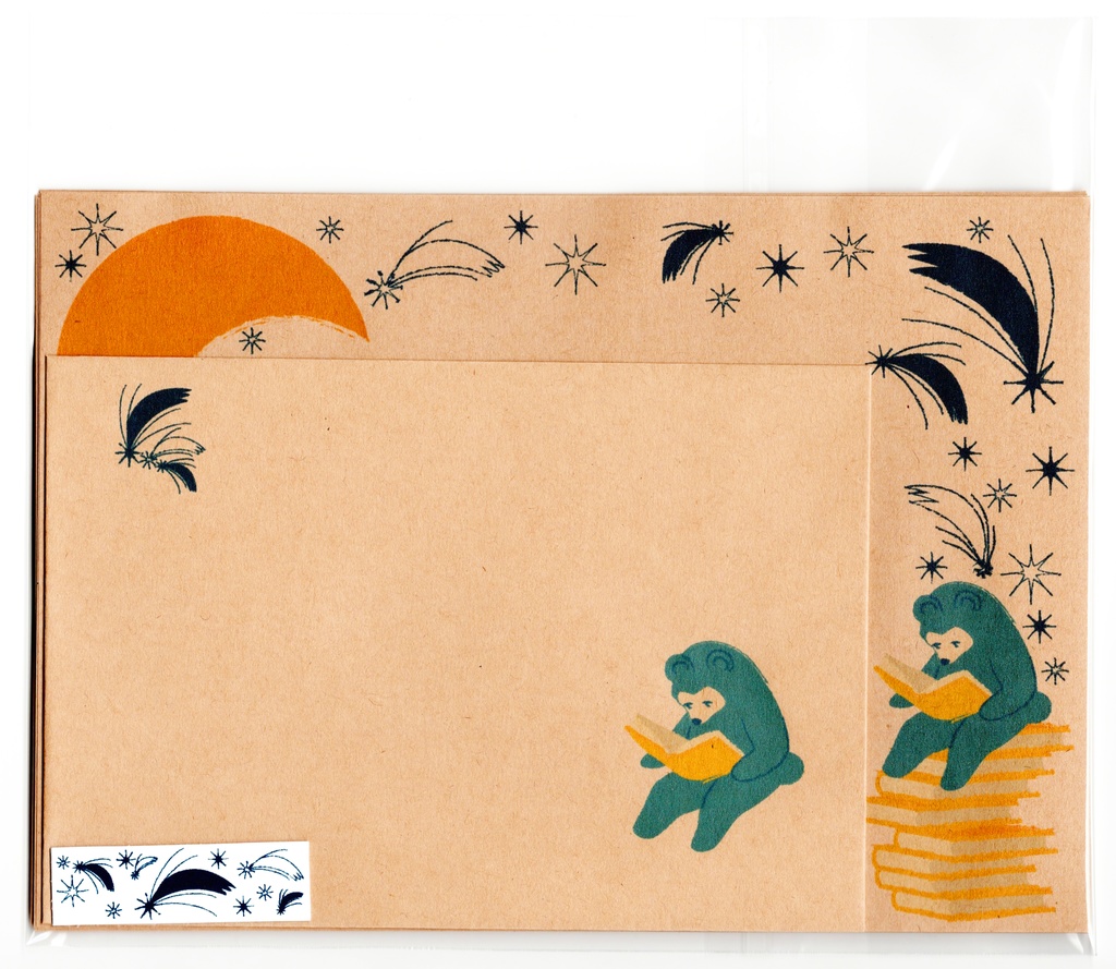 夜の読書会 紺箒星 レターセット クマ 本 絵本 月 三日月 星 読書 便せん 封筒 シール 手紙 動物 流れ星
