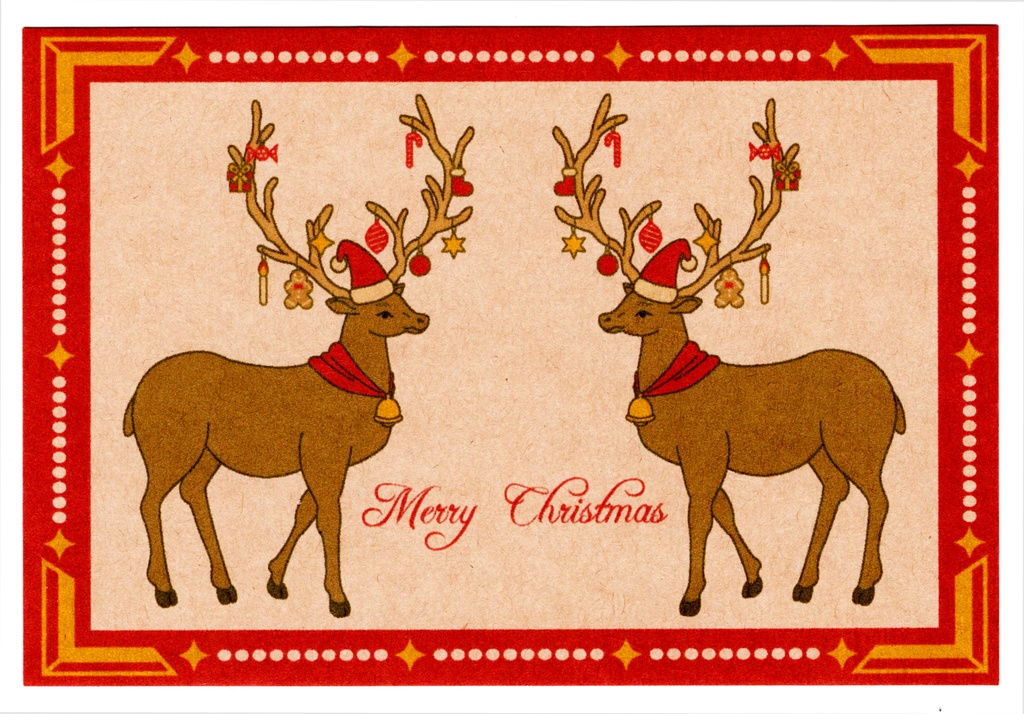 トナカイツリー クリスマスカード5枚セット 赤クラフトver メリークリスマス 新年 お正月 卯年 レトロ ポストカード