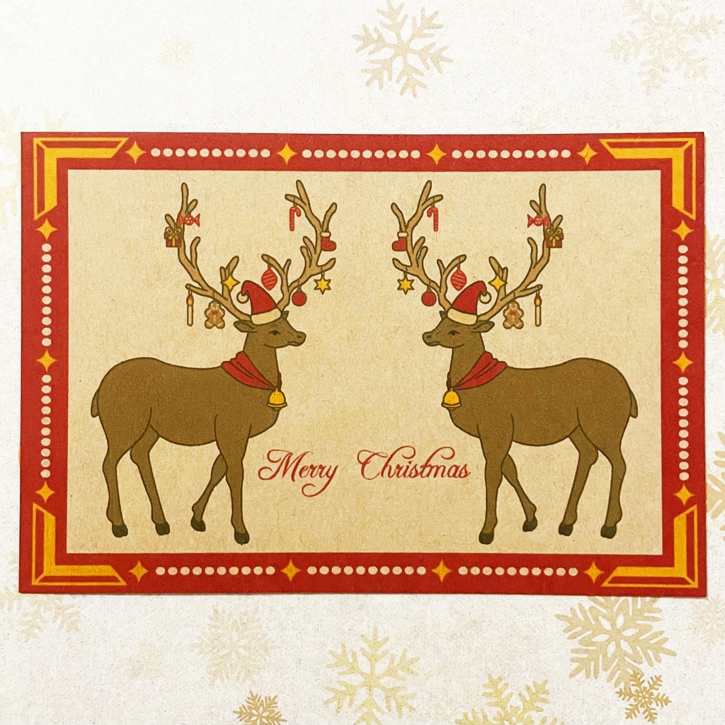 お正月　赤クラフトver　ポストカード　AmiRouge　トナカイツリー　クリスマスカード5枚セット　卯年　レトロ　メリークリスマス　新年　BOOTH