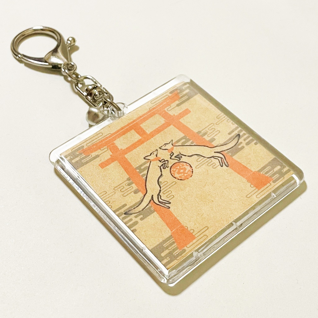 狐の手毬唄 キーホルダー 四角タイプ リング 鈴 2way ストラップ 狐の嫁入り 狐面 狛狐