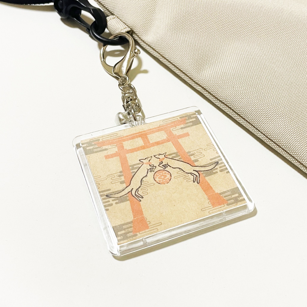 狐の手毬唄 キーホルダー 四角タイプ リング 鈴 2way ストラップ 狐の嫁入り 狐面 狛狐