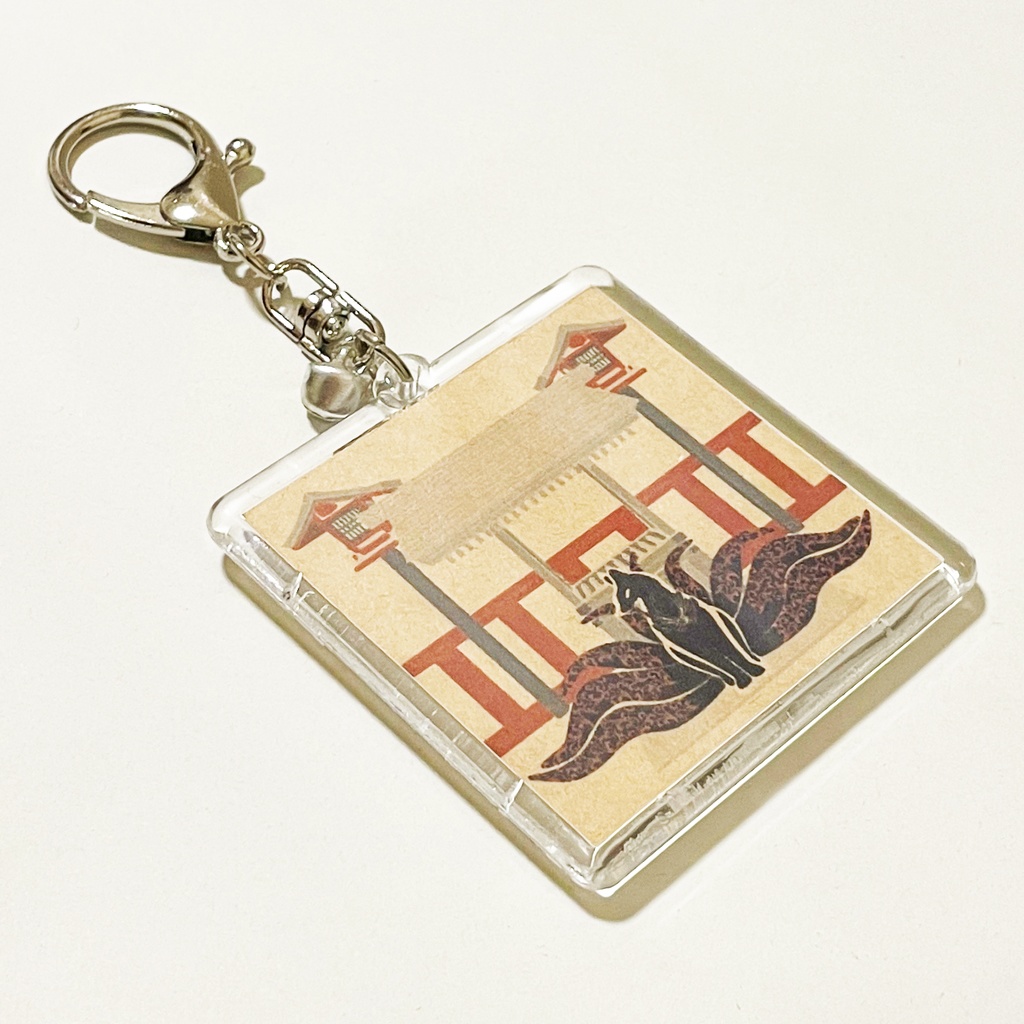 黒九尾の狐火 キーホルダー 四角タイプ リング 鈴 2way ストラップ 狐の嫁入り 狐面 狛狐