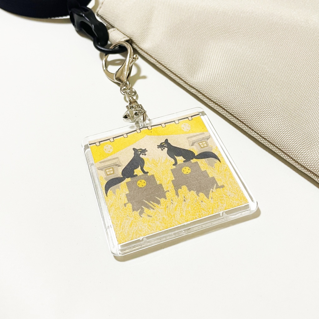 黒狛狐と穂波 キーホルダー 四角タイプ リング 鈴 2way ストラップ 狐の嫁入り 狐面 狛狐