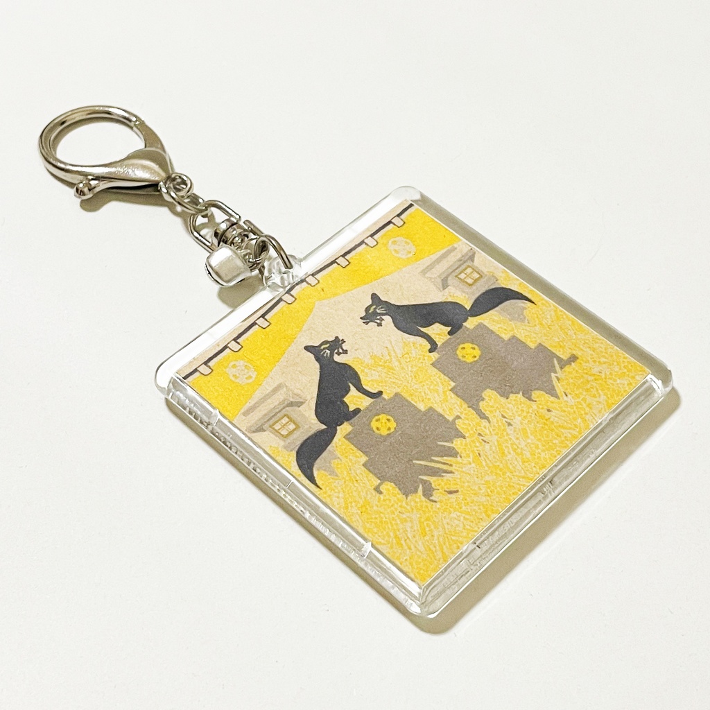 黒狛狐と穂波 キーホルダー 四角タイプ リング 鈴 2way ストラップ 狐の嫁入り 狐面 狛狐