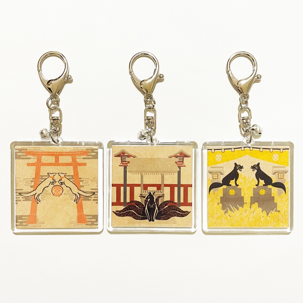黒狛狐と穂波 キーホルダー 四角タイプ リング 鈴 2way ストラップ 狐の嫁入り 狐面 狛狐