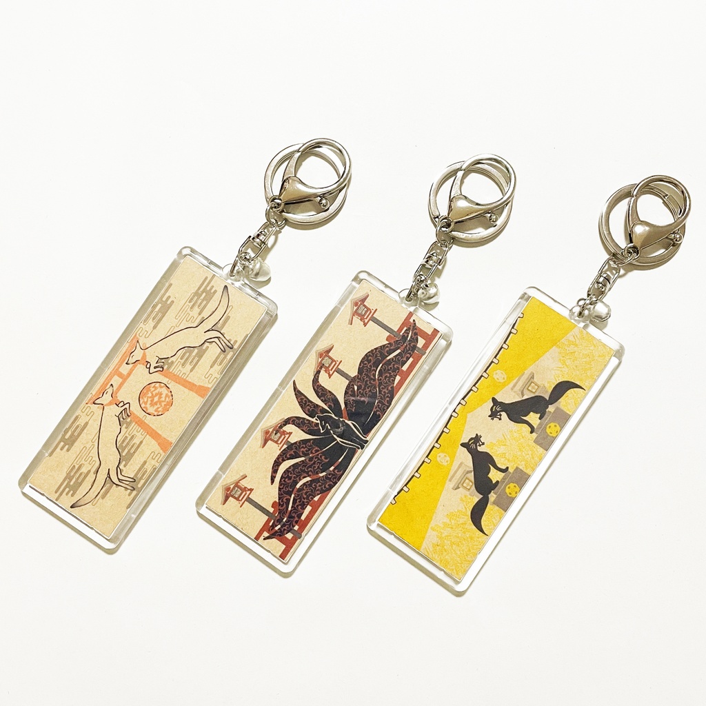 黒狛狐と穂波 キーホルダー 四角タイプ リング 鈴 2way ストラップ 狐の嫁入り 狐面 狛狐