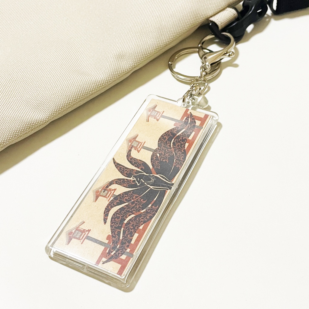 黒九尾の狐火 キーホルダー 横長タイプ リング 鈴 2way ストラップ 狐の嫁入り 狐面 狛狐