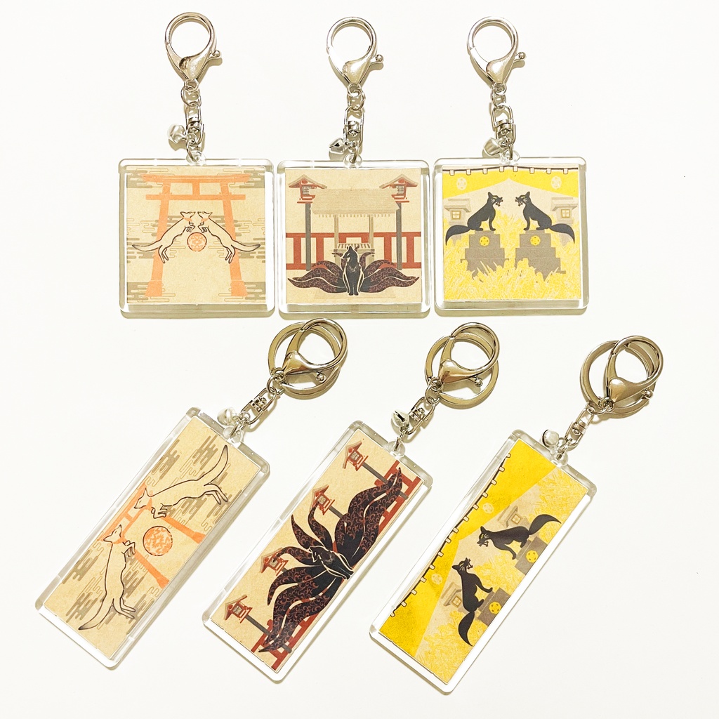 黒九尾の狐火 キーホルダー 横長タイプ リング 鈴 2way ストラップ 狐の嫁入り 狐面 狛狐