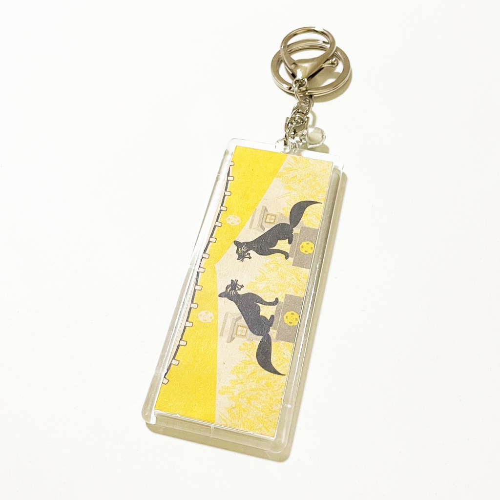 黒狛狐と穂波 キーホルダー 横長タイプ リング 鈴 2way ストラップ 狐の嫁入り 狐面 狛狐