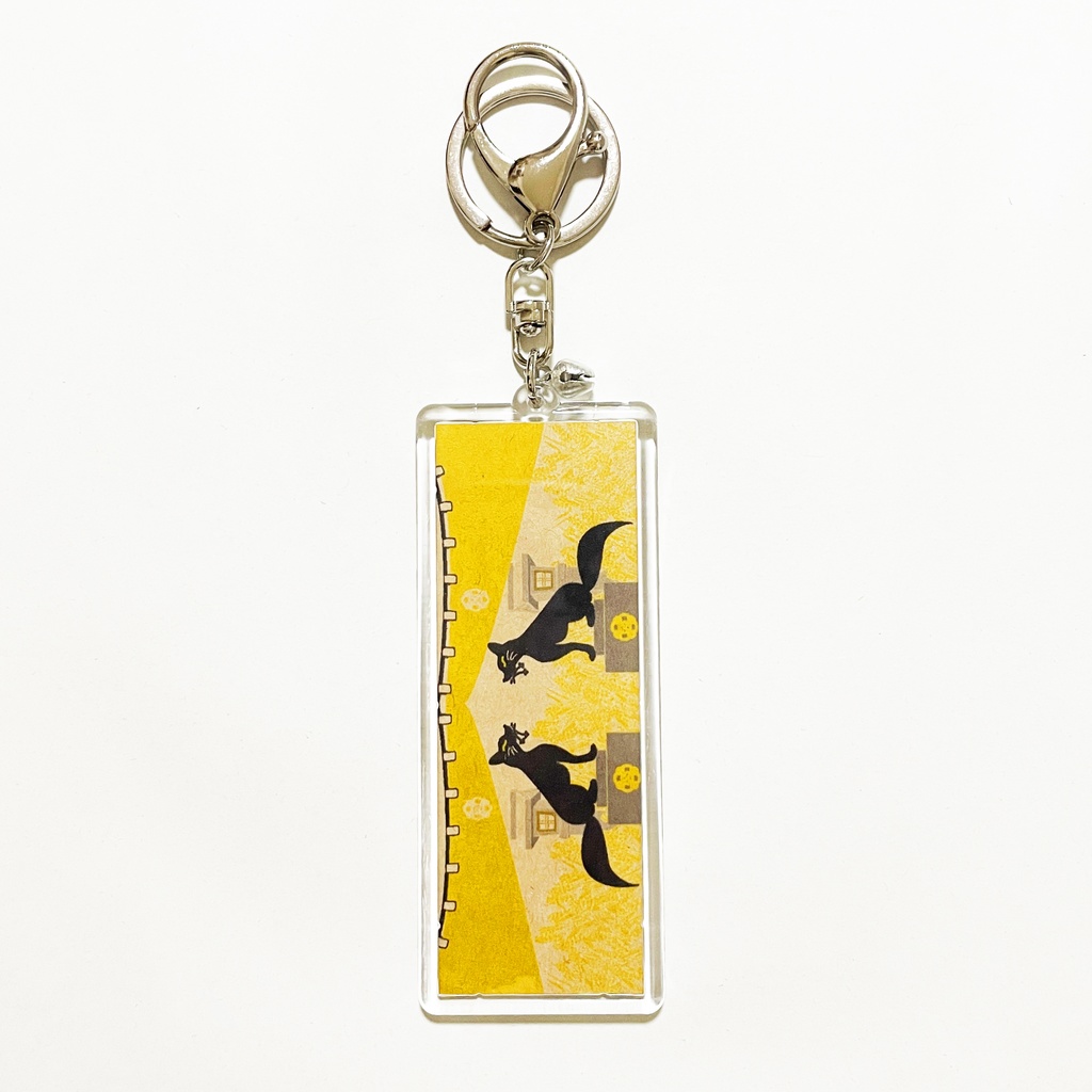 黒狛狐と穂波 キーホルダー 横長タイプ リング 鈴 2way ストラップ 狐の嫁入り 狐面 狛狐