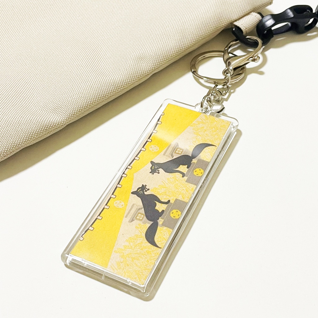 黒狛狐と穂波 キーホルダー 横長タイプ リング 鈴 2way ストラップ 狐の嫁入り 狐面 狛狐