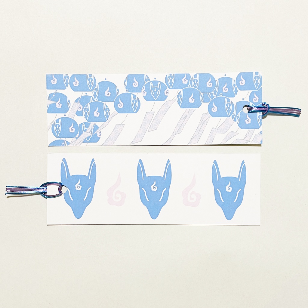 藍風鈴狐 御朱印帳 ビニールカバー 栞付き 水引 イラスト 全20ページ 狐の嫁入り 狐面 ジャバラ製本