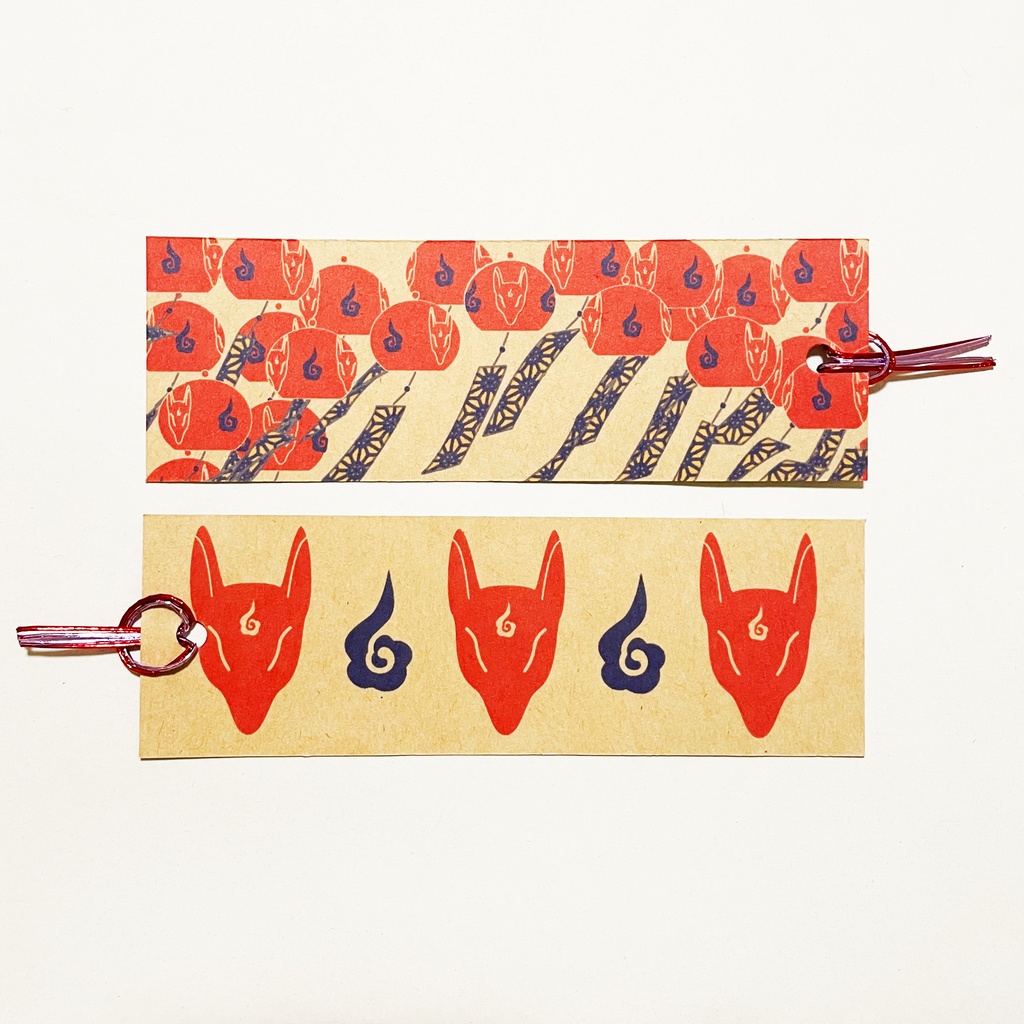 紅風鈴狐 御朱印帳 ビニールカバー 栞付き 水引 イラスト 全20ページ 狐の嫁入り 狐面 ジャバラ製本