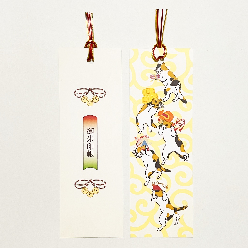 三毛猫の獅子舞遊び 御朱印帳 ビニールカバー 栞付き 水引 イラスト 全20ページ 猫 ジャバラ製本