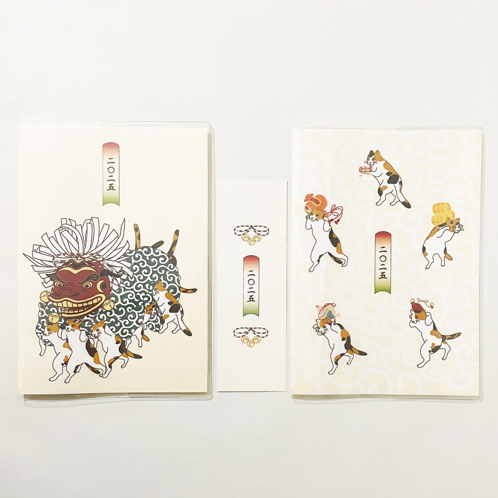 10月始まり 2025年 三毛猫の獅子舞遊び スケジュール手帳 イラストカバー2枚 栞付き B6 全48ページ 巳年 猫 三毛猫