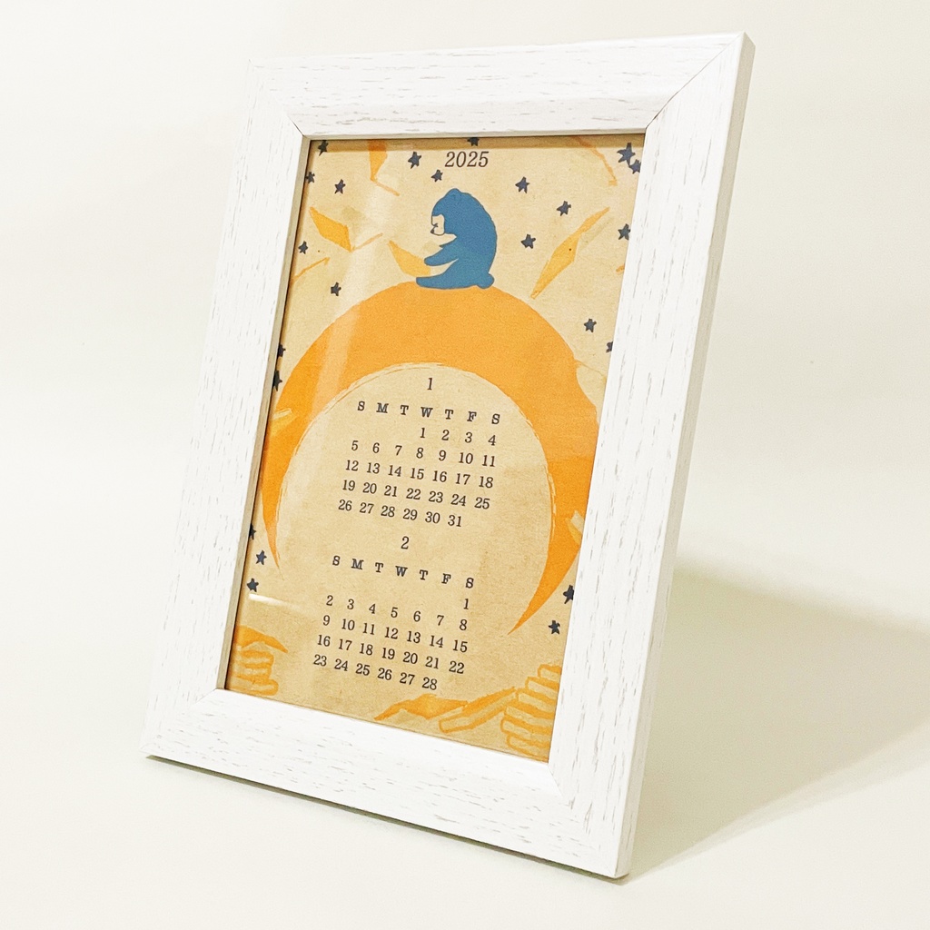 2025年 夜の読書会 カレンダー 本 月 三日月 満月 星 読書 手帳 年賀状 正月 新年 巳年