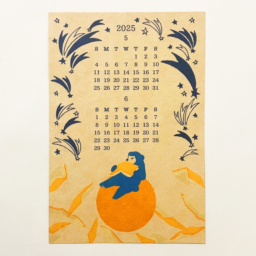 2025年 夜の読書会 カレンダー 本 月 三日月 満月 星 読書 手帳 年賀状 正月 新年 巳年