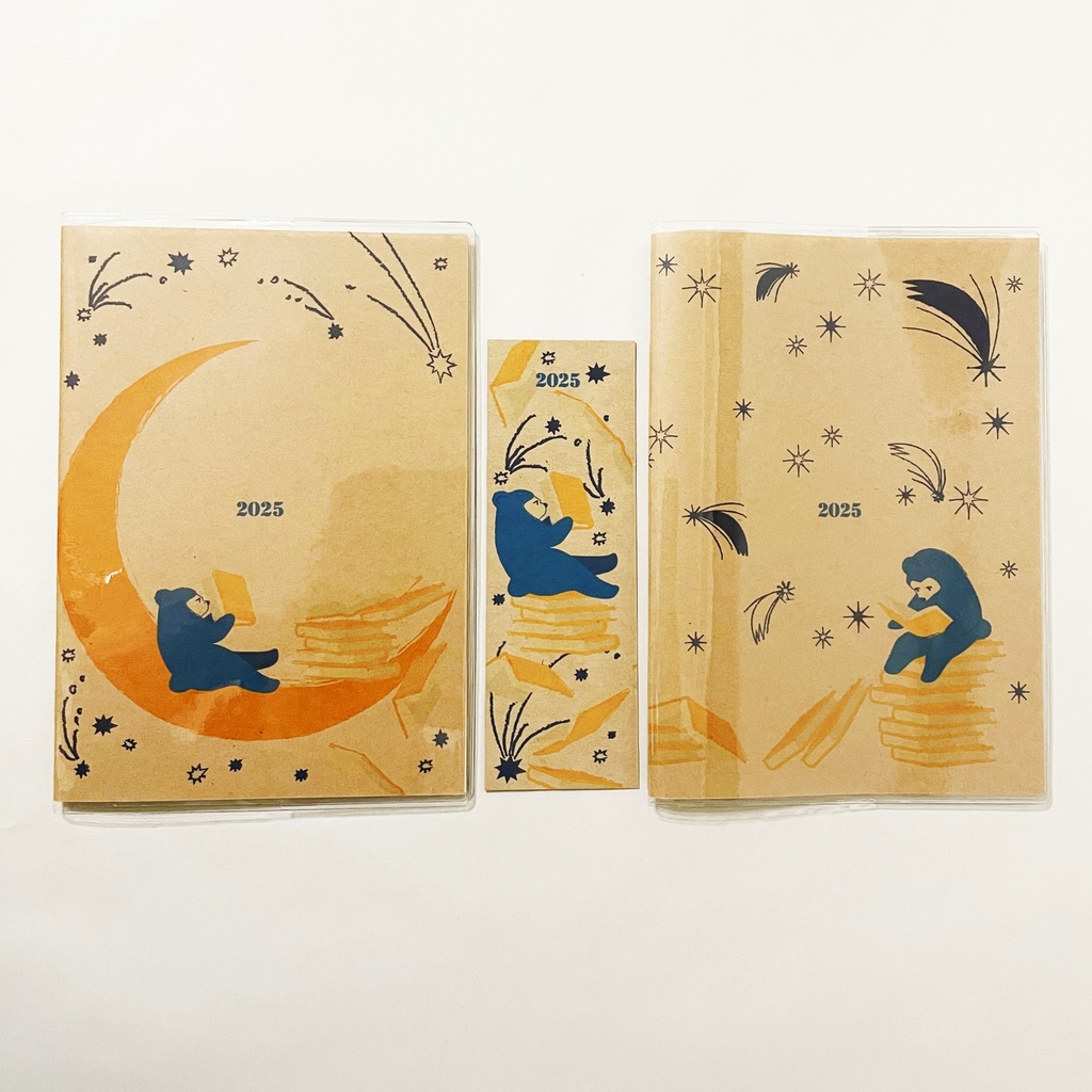 4月始まり 2025年 夜の読書会 糖花星紺箒星 スケジュール手帳 イラストカバー2枚 栞付き B6 全48ページ 巳年 クマ 月 流れ星
