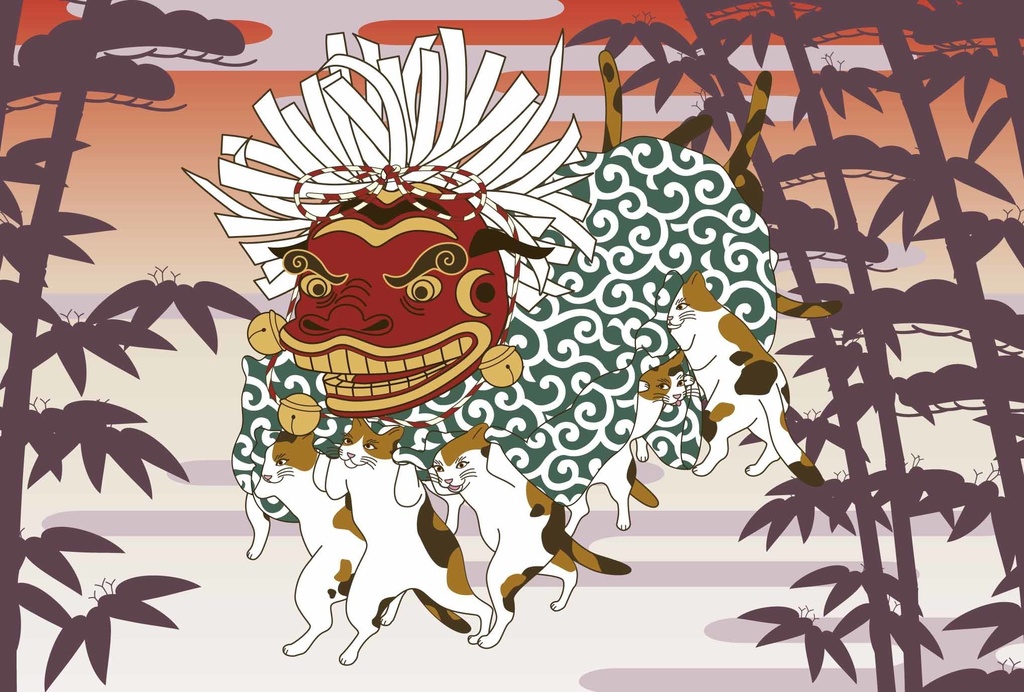 三毛猫の獅子舞遊び ポストカード6枚セット 猫 動物 浮世絵 日本 和