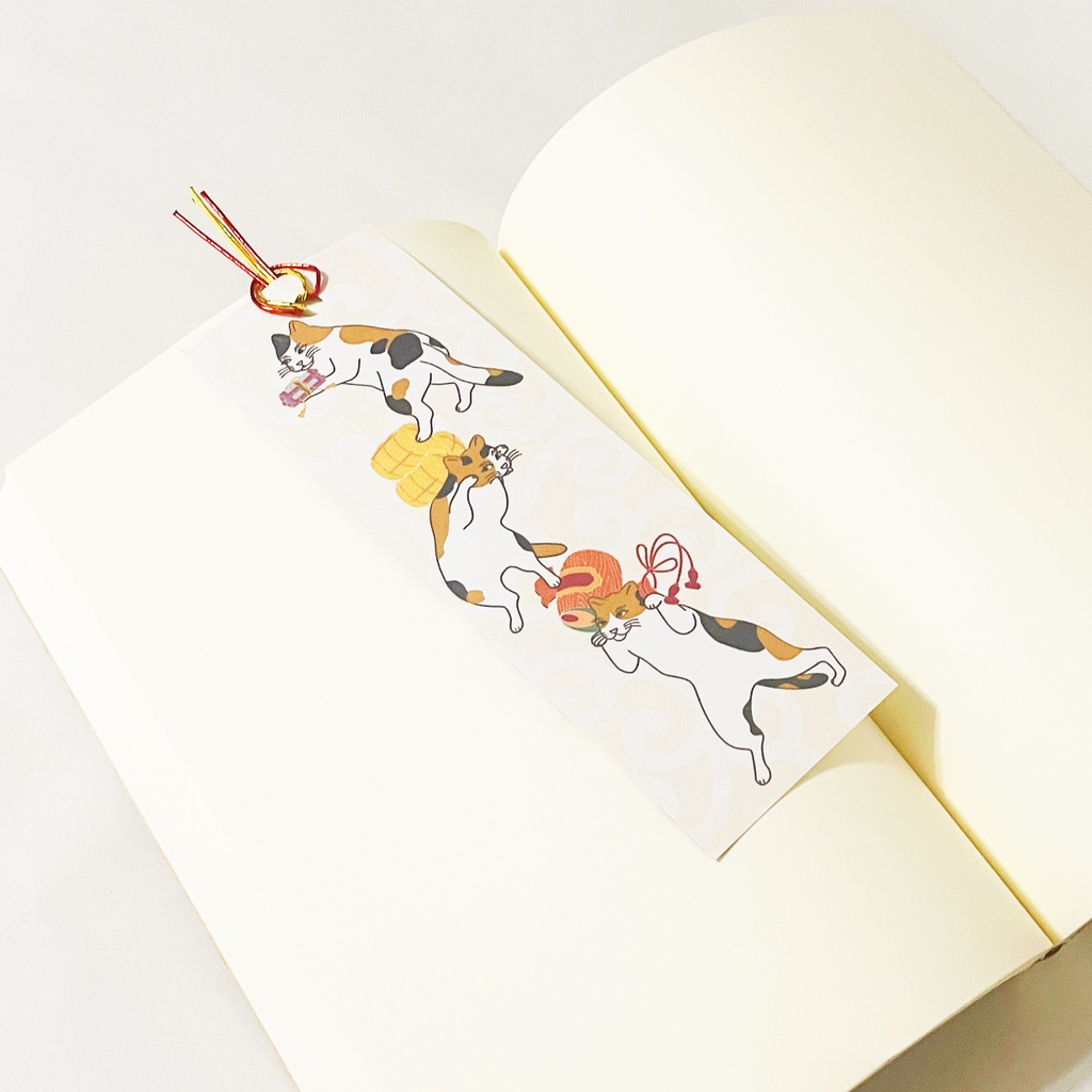 三毛猫の獅子舞遊び 栞 セット しおり 水引 読書 本 日本 和 ねこ