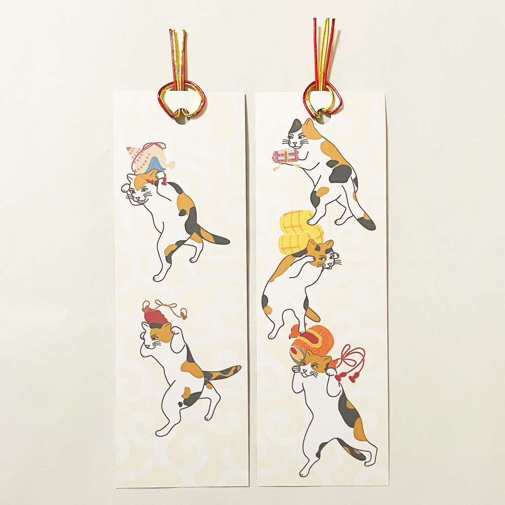 三毛猫の獅子舞遊び 栞 セット しおり 水引 読書 本 日本 和 ねこ