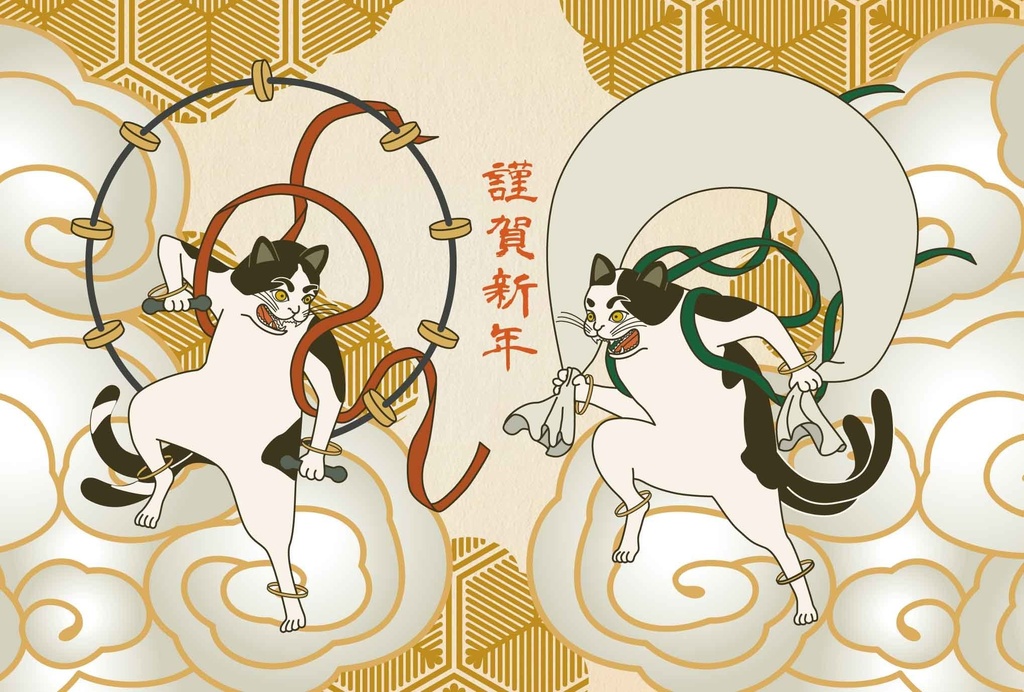 2026 風神雷神猫又 年賀状5枚セット お正月 新年 馬 午年 謹賀新年 賀正 迎春 日本 和 ポストカード 十二支 猫