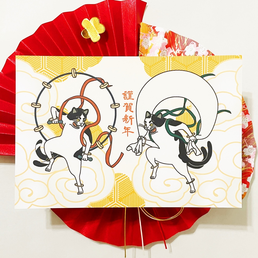 2026 風神雷神猫又 年賀状5枚セット お正月 新年 馬 午年 謹賀新年 賀正 迎春 日本 和 ポストカード 十二支 猫