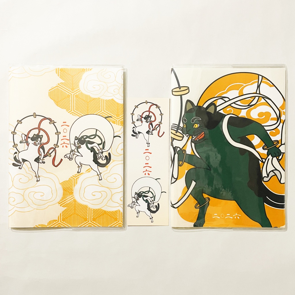 4月始まり 2026年 風神雷神猫又 スケジュール手帳 イラストカバー2枚 栞付き B6 午年 馬 十二支 猫 三毛猫 動物