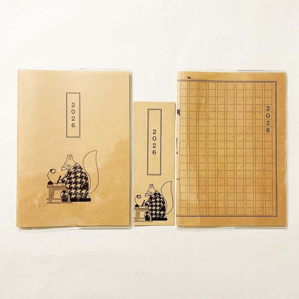 4月始まり 2026年 文豪狐原稿用紙 スケジュール手帳 イラストカバー2枚 栞付き B6 午年 馬 十二支 文豪 万年筆 狐の嫁入り 狐面 狐 動物